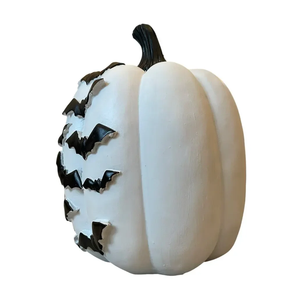 Black Flying Bats White Resin Pumpkin 12in Hauntingly Chic Halloween Decor NEW